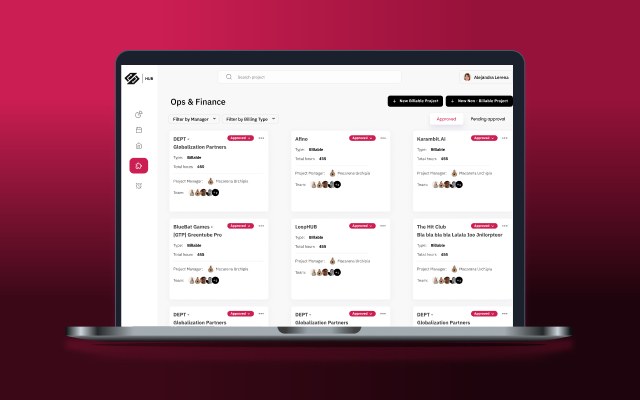 HUB on a laptop: the Ops & Finance view with client project cards