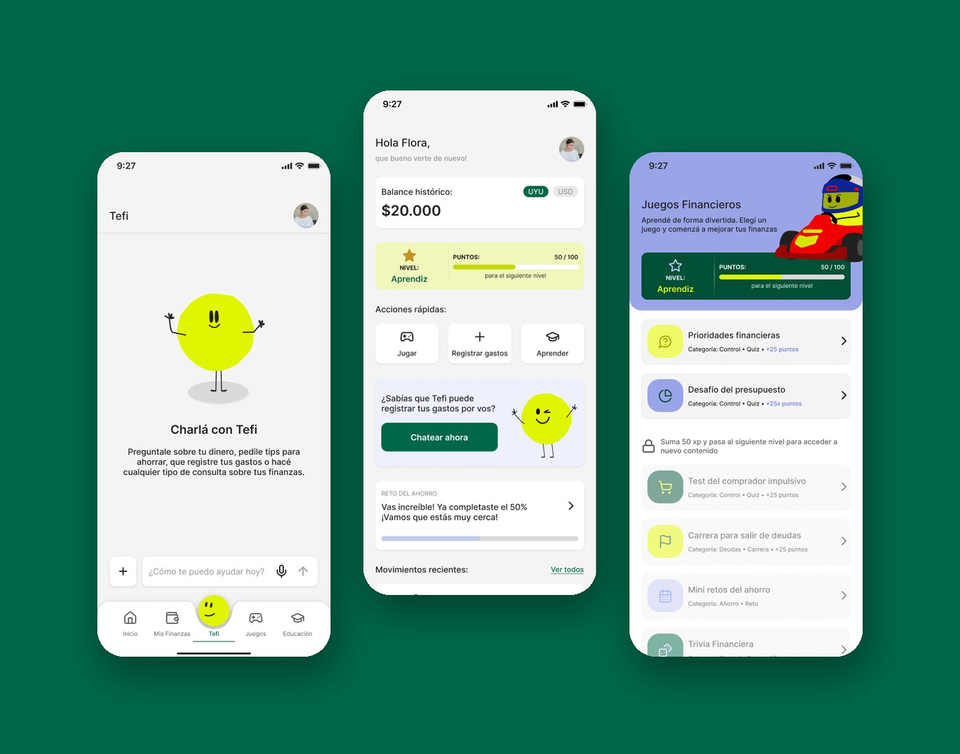Tefi app screens: chat with the Tefi mascot, home with savings progress, and financial games