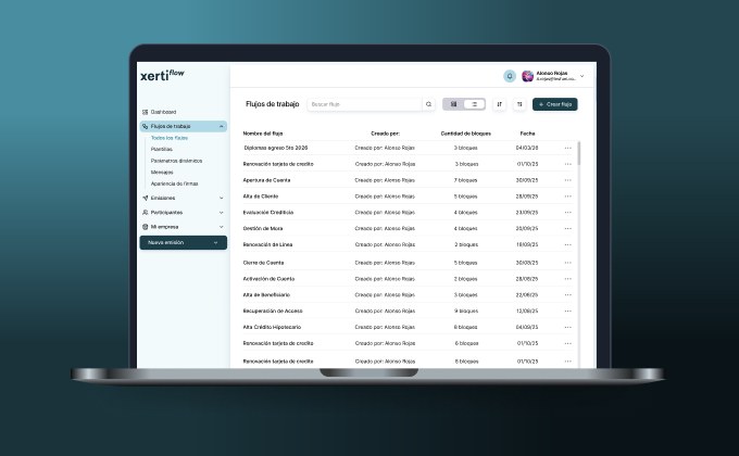 XertiFlow on a laptop: the list of workflows with blocks and dates