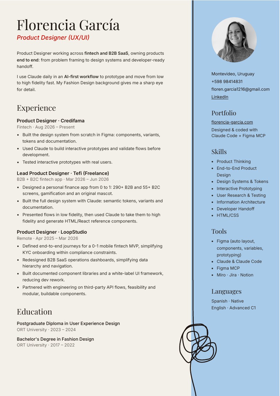 Florencia's CV redesigned with the same fonts, colors and knot as the site